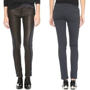 Superfine Leather Front Skinny Pants Womens 26 Navy‎ Blue Mixed Media Trousers